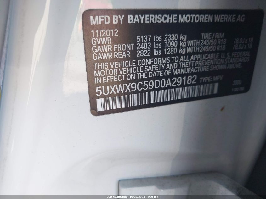 2013 BMW X3 xDrive28I VIN: 5UXWX9C59D0A29182 Lot: 43398498