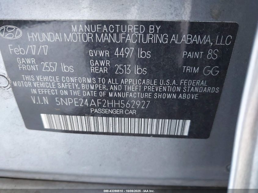 2017 Hyundai Sonata Se VIN: 5NPE24AF2HH562927 Lot: 43398510