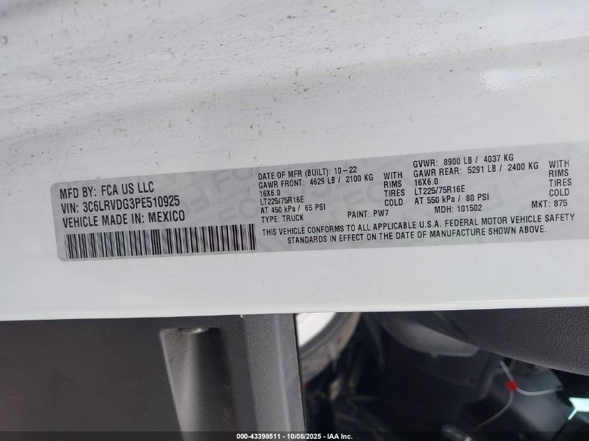 2023 Ram Promaster 2500 High Roof 159 Wb VIN: 3C6LRVDG3PE510925 Lot: 43398511