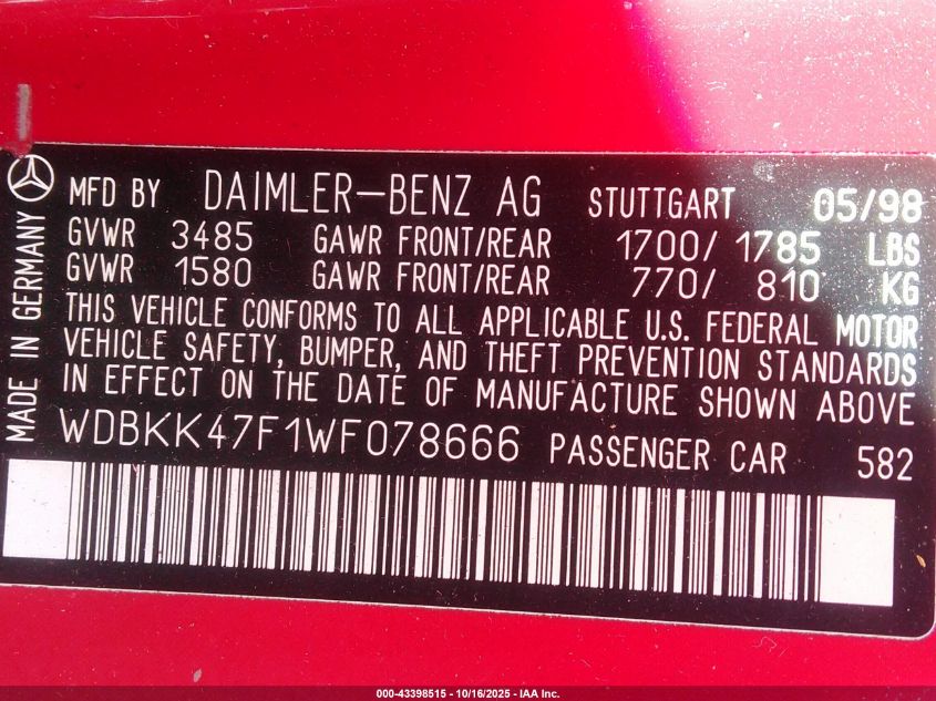 1998 Mercedes-Benz Slk 230 VIN: WDBKK47F1WF078666 Lot: 43398515