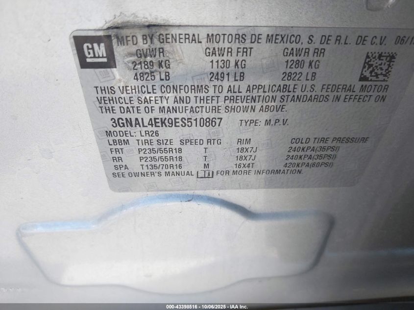 2014 Chevrolet Captiva Sport Ltz VIN: 3GNAL4EK9ES510867 Lot: 43398516