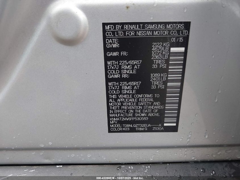 2015 Nissan Rogue Sv VIN: KNMAT2MV6FP530583 Lot: 43398536