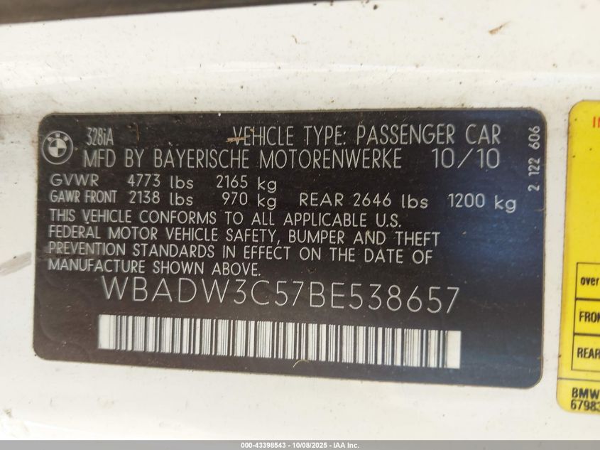 2011 BMW 328I VIN: WBADW3C57BE538657 Lot: 43398543