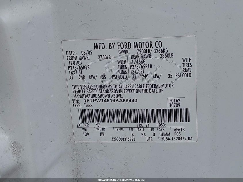 2006 Ford F-150 Fx4/Lariat/Xlt VIN: 1FTPW14516KA89440 Lot: 43398546