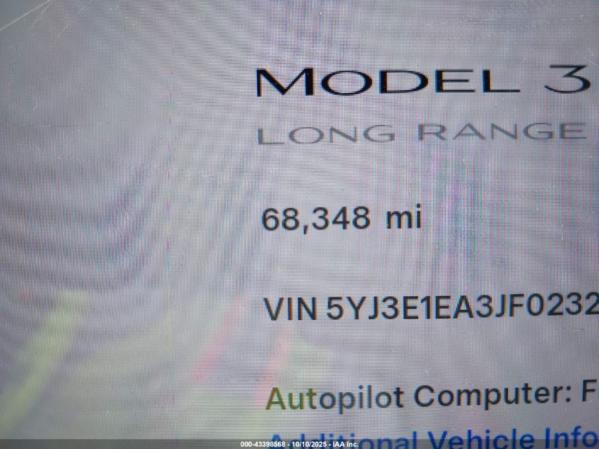 2018 Tesla Model 3 Long Range/Mid Range VIN: 5YJ3E1EA3JF023264 Lot: 43398568