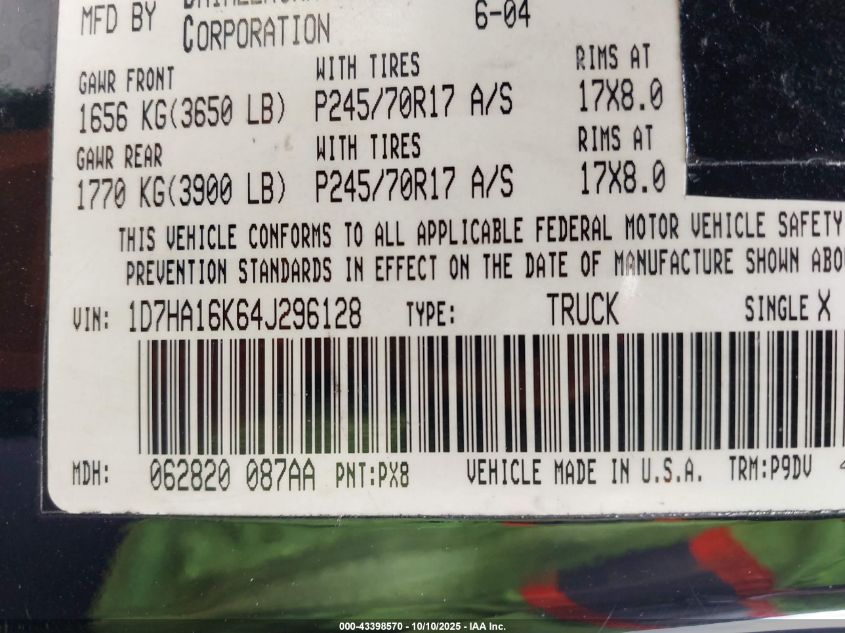 2003 Dodge Ram 1500 Slt/Laramie/St VIN: 1D7HA16D93J672773 Lot: 43398570