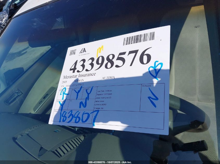 2005 Nissan Altima 2.5 S VIN: 1N4AL11D75C279672 Lot: 43398576