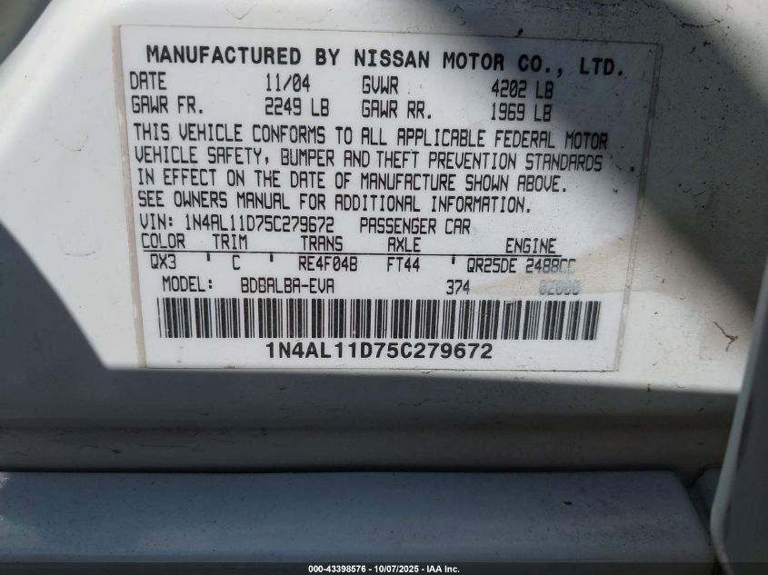 2005 Nissan Altima 2.5 S VIN: 1N4AL11D75C279672 Lot: 43398576