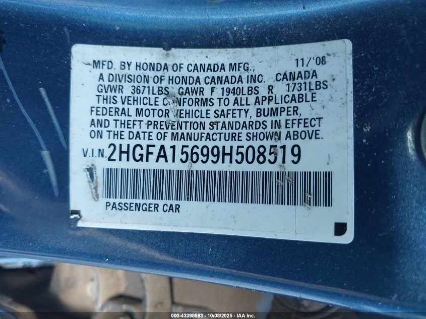 2009 Honda Civic Lx-S VIN: 2HGFA15699H508519 Lot: 43398583