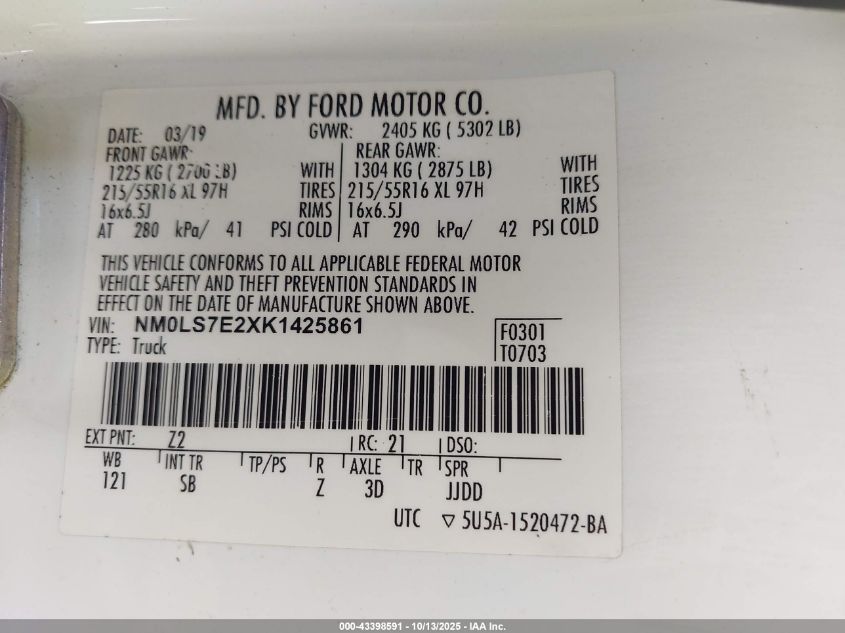 2019 Ford Transit Connect Xl VIN: NM0LS7E2XK1425861 Lot: 43398591