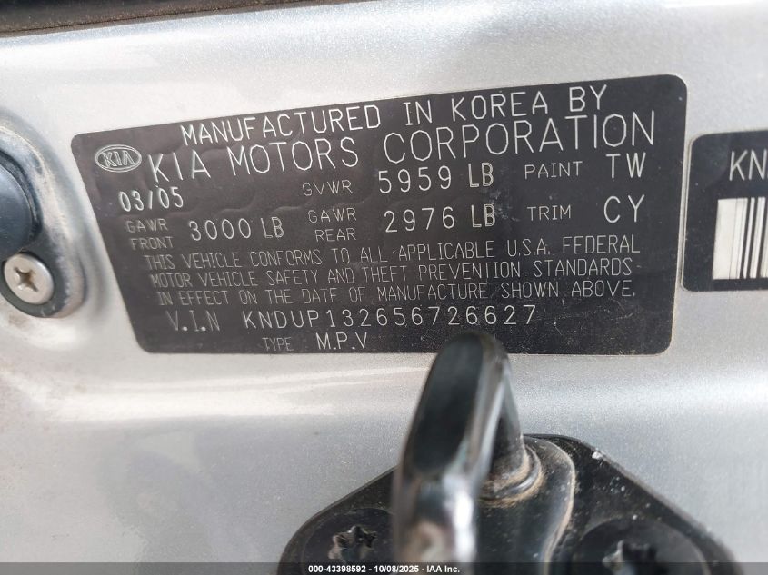 2005 Kia Sedona Ex/Lx VIN: KNDUP132656726627 Lot: 43398592