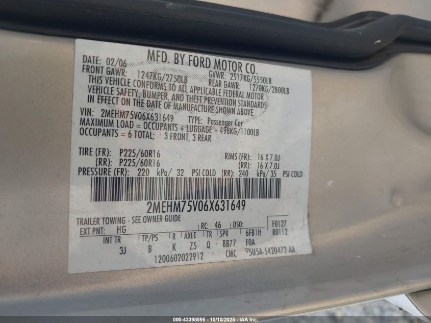 2006 Mercury Grand Marquis Ls VIN: 2MEHM75V06X631649 Lot: 43398595