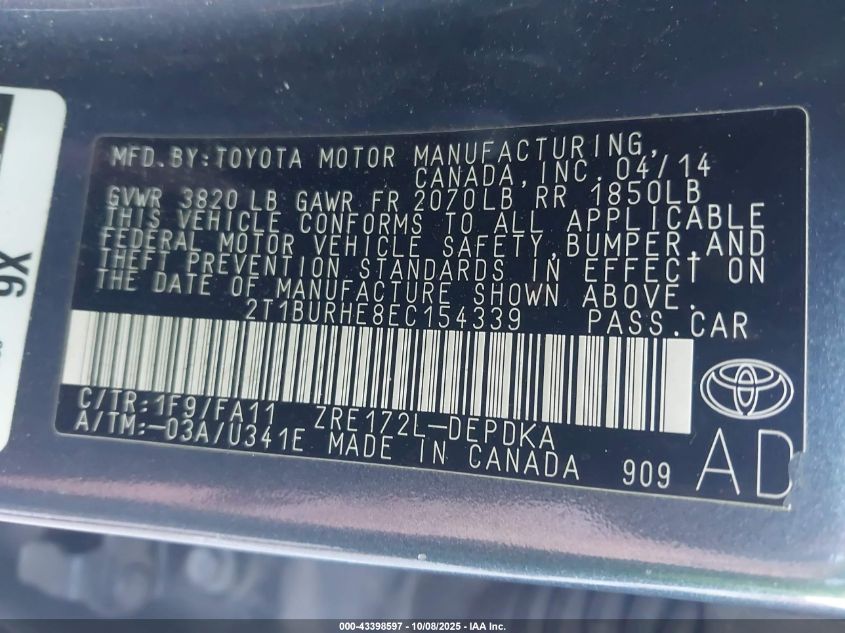 2014 Toyota Corolla L VIN: 2T1BURHE8EC154339 Lot: 43398597