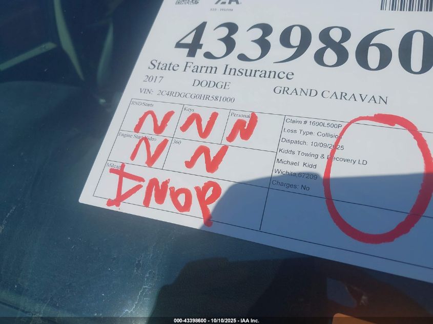 2017 Dodge Grand Caravan Sxt VIN: 2C4RDGCG0HR581000 Lot: 43398600