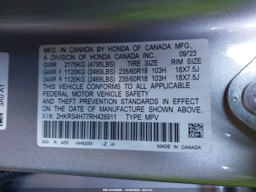2024 Honda Cr-V Ex-L Awd VIN: 2HKRS4H77RH426911 Lot: 43398606