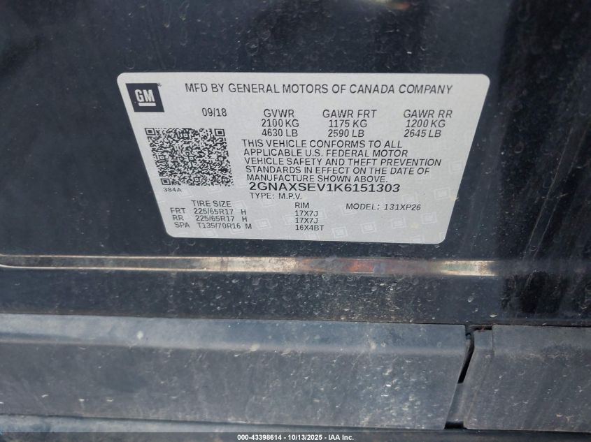 2019 Chevrolet Equinox Ls VIN: 2GNAXSEV1K6151303 Lot: 43398614