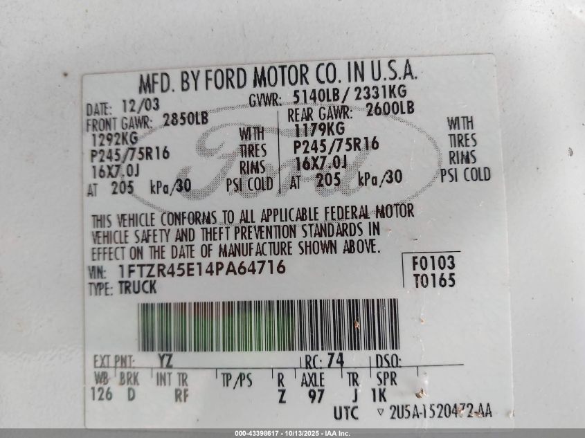 2004 Ford Ranger Edge/Tremor/Xlt VIN: 1FTZR45E14PA64716 Lot: 43398617