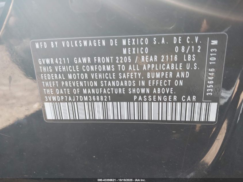 2013 Volkswagen Jetta 2.5L Se VIN: 3VWDP7AJ7DM368821 Lot: 43398621