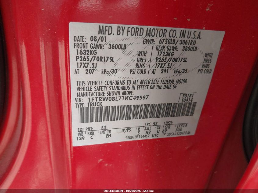 2001 Ford F-150 King Ranch Edition/Lariat/Xlt VIN: 1FTRW08L71KC49597 Lot: 43398639