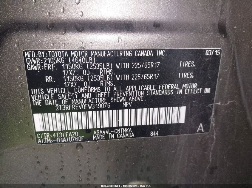 2015 Toyota Rav4 Xle VIN: 2T3RFREV0FW319076 Lot: 43398641