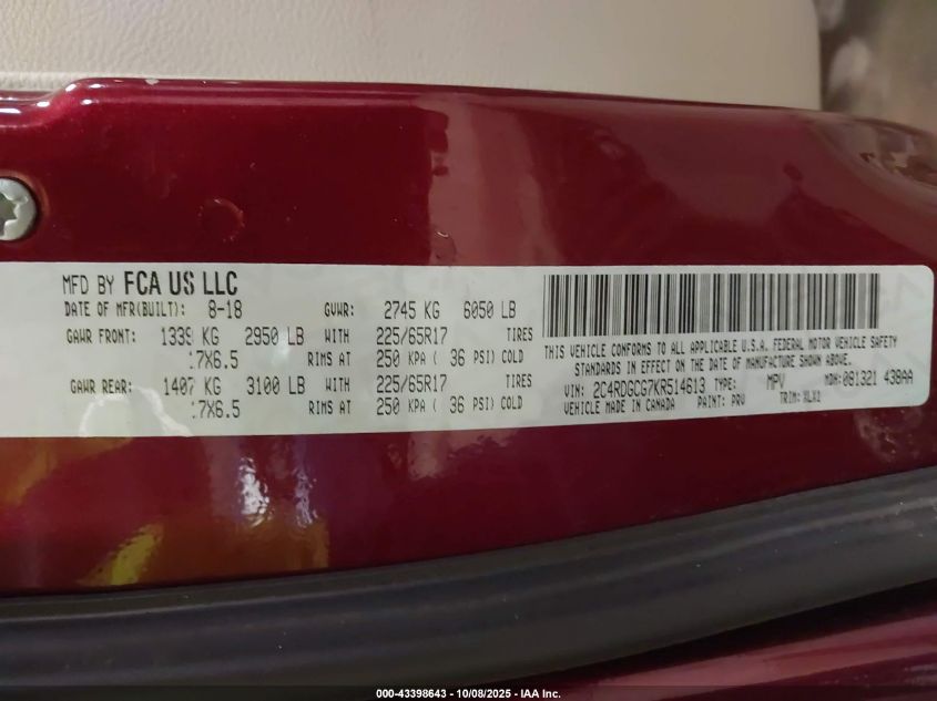 2019 Dodge Grand Caravan Sxt VIN: 2C4RDGCG7KR514613 Lot: 43398643