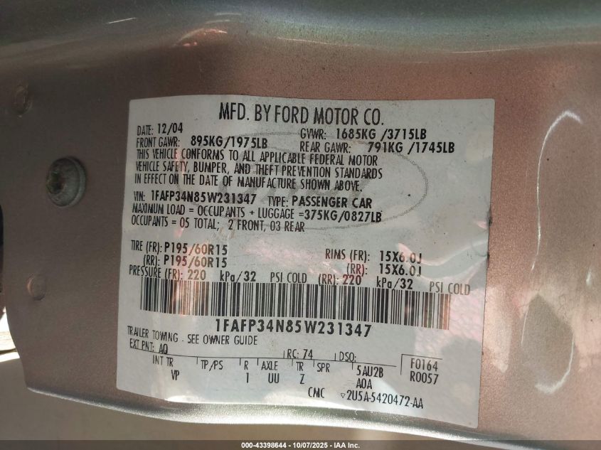 2005 Ford Focus Zx4 VIN: 1FAFP34N85W231347 Lot: 43398644