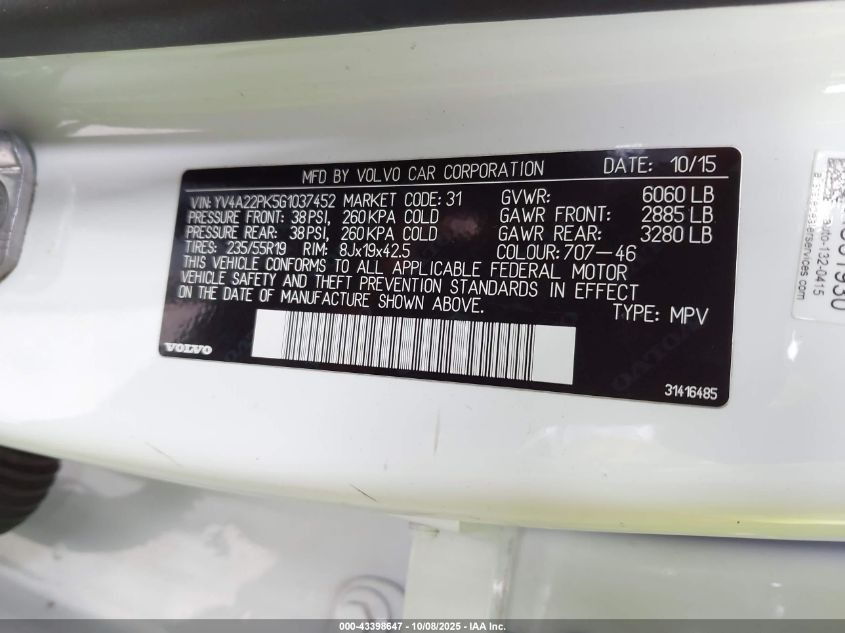 2016 Volvo Xc90 T6 Momentum VIN: YV4A22PK5G1037452 Lot: 43398647