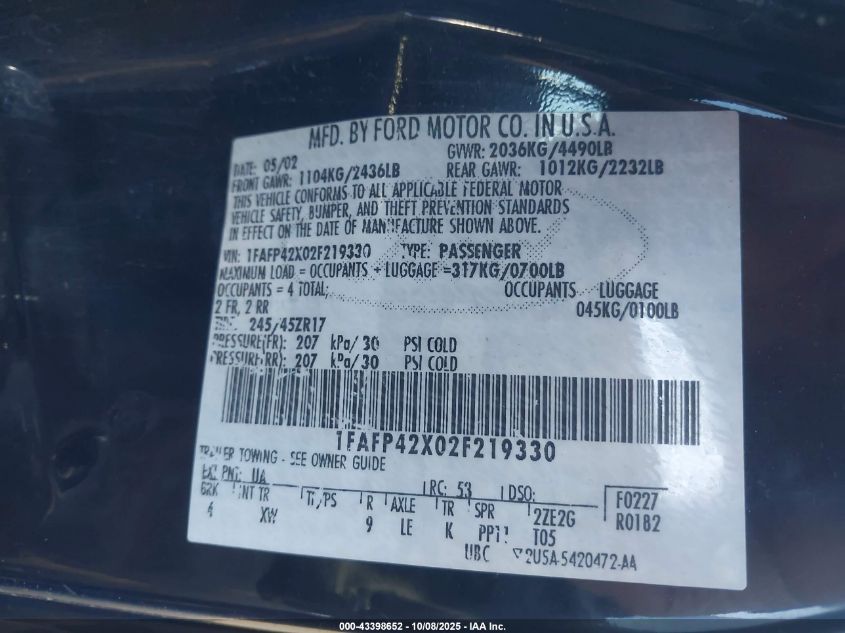 2002 Ford Mustang Gt VIN: 1FAFP42X02F219330 Lot: 43398652