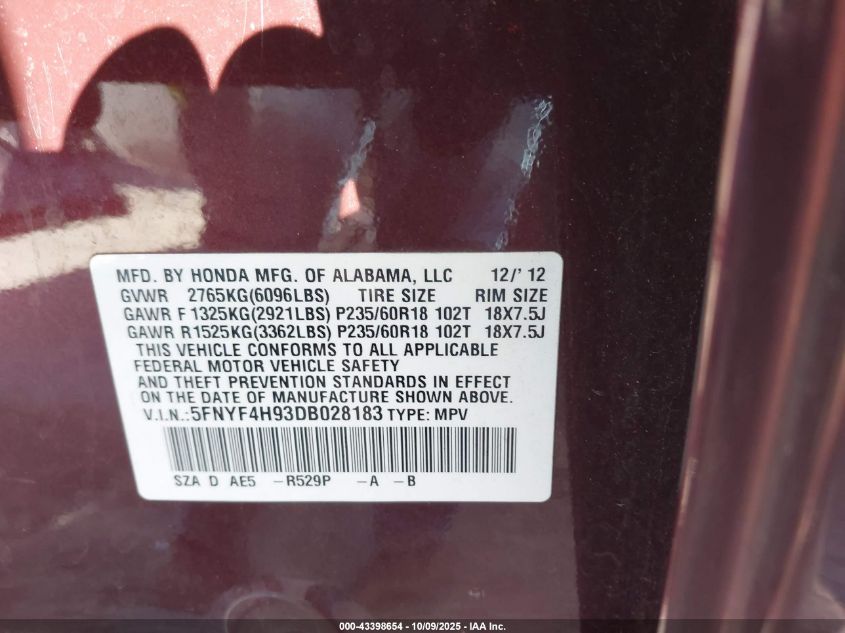 2013 Honda Pilot Touring VIN: 5FNYF4H93DB028183 Lot: 43398654