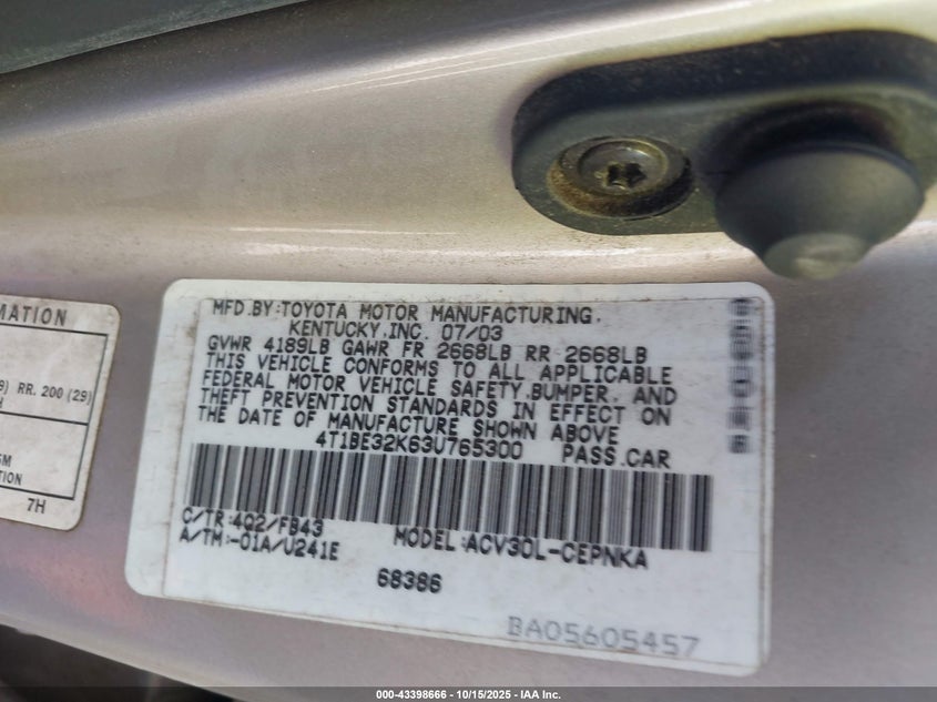 4T1BE32K63U765300 2003 TOYOTA CAMRY photo no. 9
