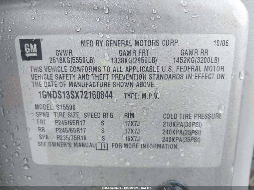 2007 Chevrolet Trailblazer Ls VIN: 1GNDS13SX72160844 Lot: 43398681