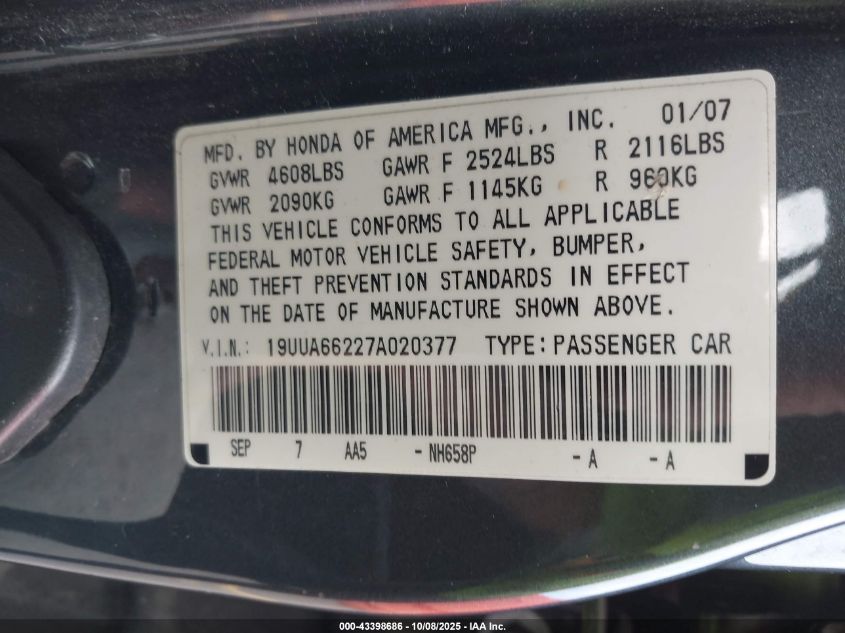 2007 Acura Tl 3.2 VIN: 19UUA66227A020377 Lot: 43398686