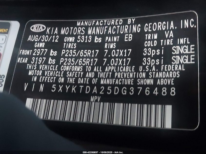 2013 Kia Sorento Lx V6 VIN: 5XYKTDA25DG376488 Lot: 43398697