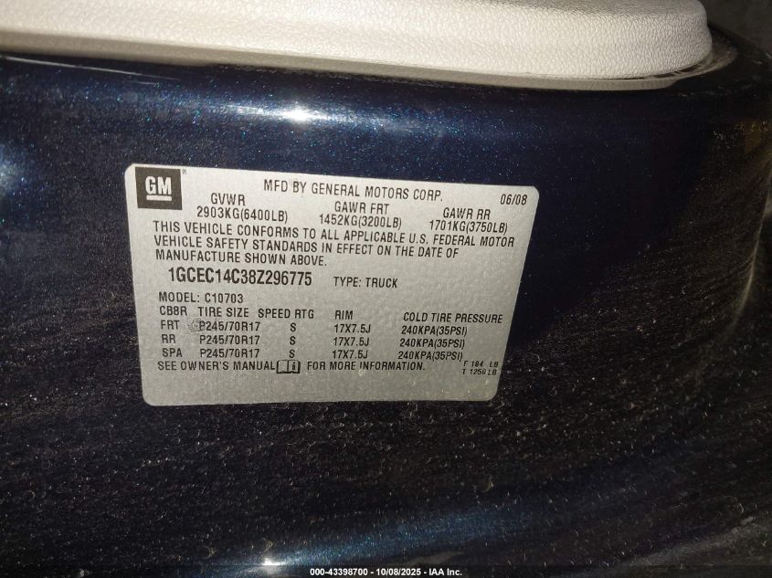 2008 Chevrolet Silverado 1500 Lt1 VIN: 1GCEC14C38Z296775 Lot: 43398700