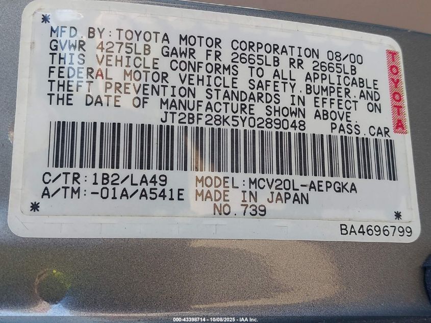 2000 Toyota Camry Xle V6 VIN: JT2BF28K5Y0289048 Lot: 43398714