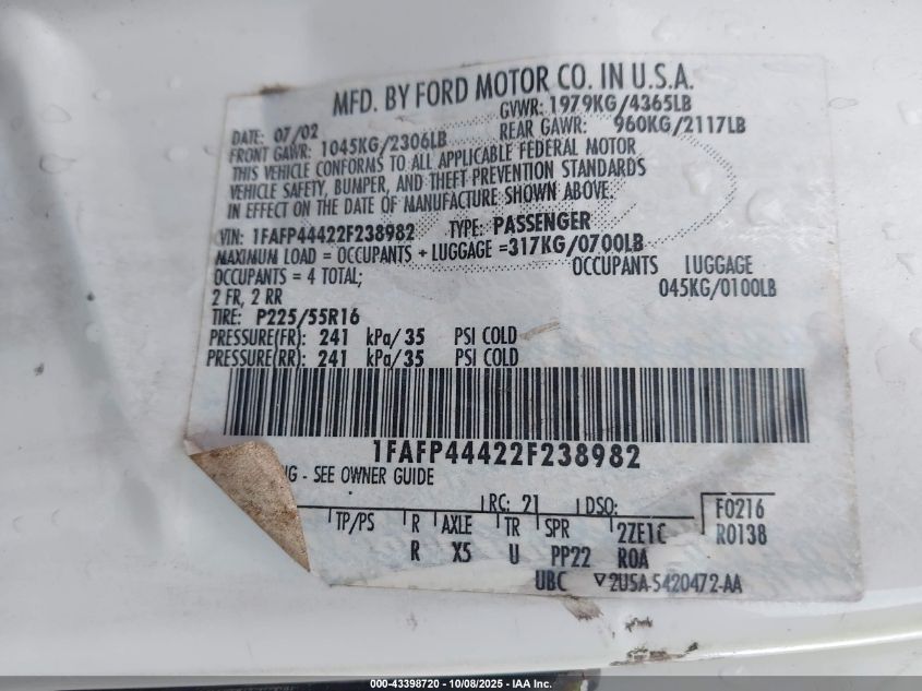 2002 Ford Mustang VIN: 1FAFP44422F238982 Lot: 43398720