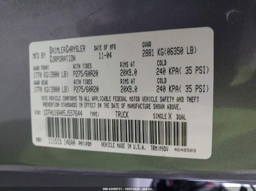 2005 Dodge Ram 1500 Slt/Laramie VIN: 1D7HU16N05J557644 Lot: 43398731