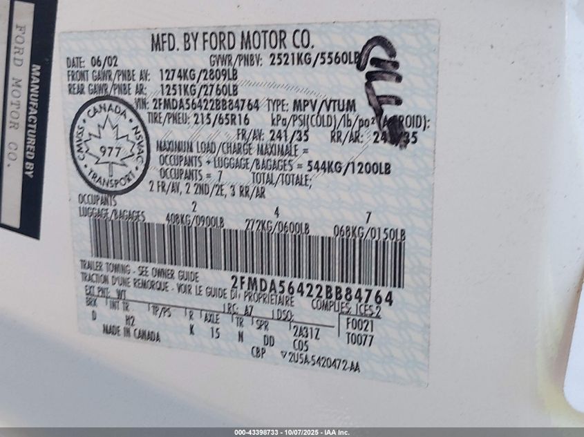 2002 Ford Windstar Sel VIN: 2FMDA56422BB84764 Lot: 43398733