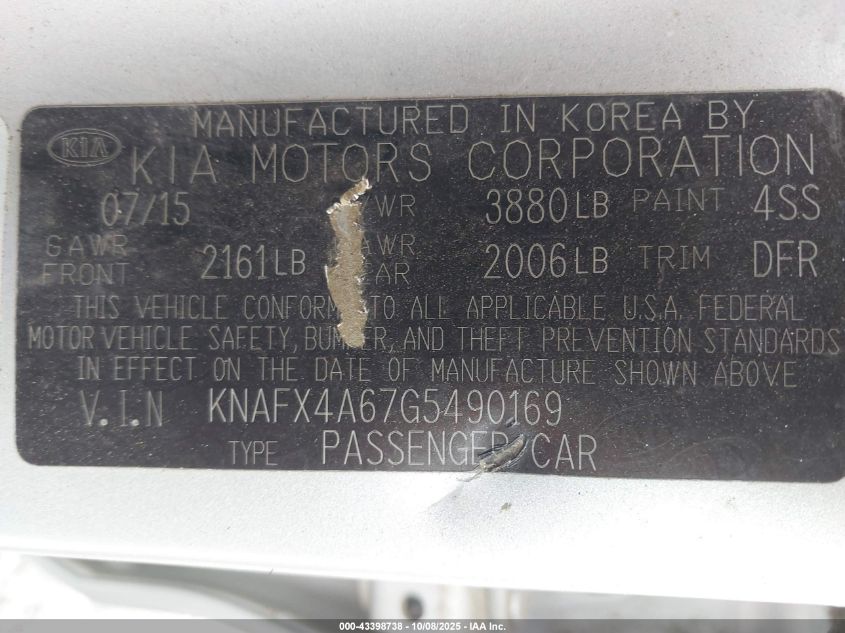 2016 Kia Forte Lx VIN: KNAFX4A67G5490169 Lot: 43398738