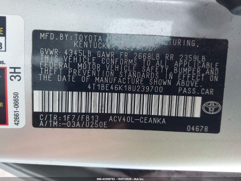 2008 Toyota Camry Le VIN: 4T1BE46K18U239700 Lot: 43398753