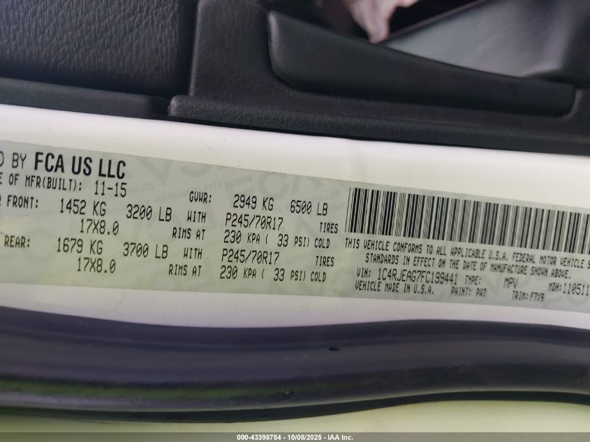 2015 Jeep Grand Cherokee Laredo VIN: 1C4RJEAG7FC199441 Lot: 43398754