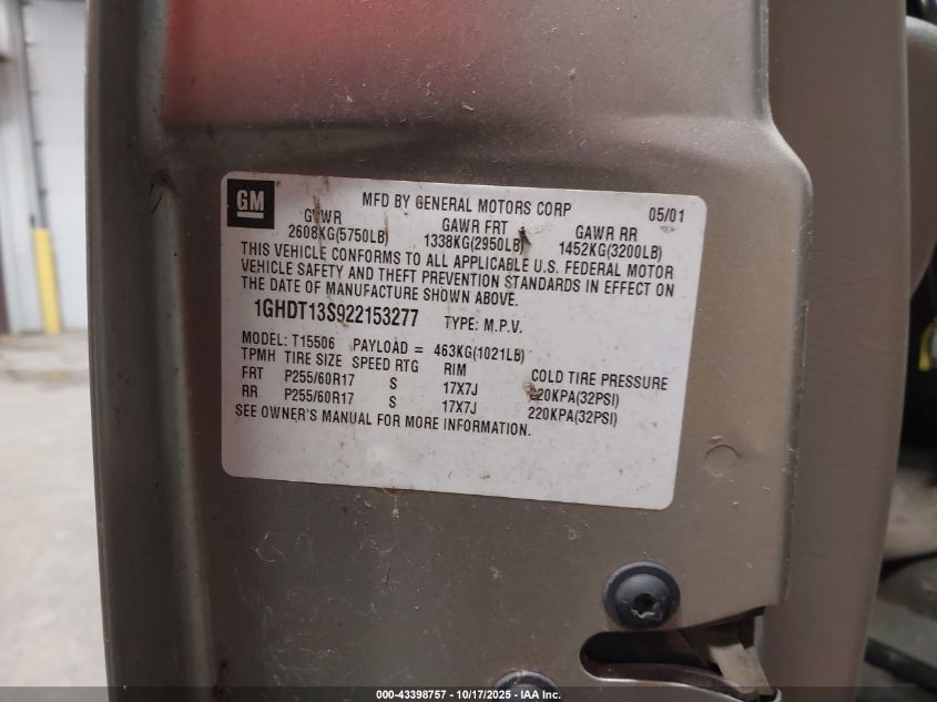 2002 Oldsmobile Bravada VIN: 1GHDT13S922153277 Lot: 43398757