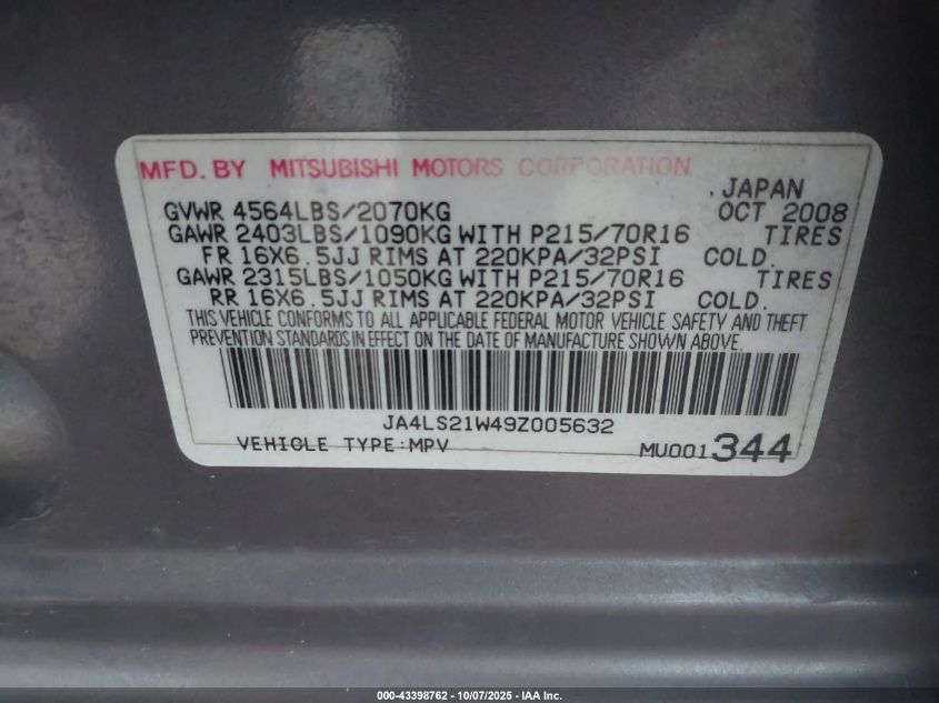 2009 Mitsubishi Outlander Es VIN: JA4LS21W49Z005632 Lot: 43398762