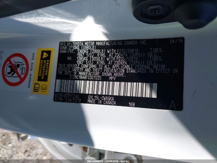 2015 Lexus Rx 450H VIN: 2T2BC1BA8FC001225 Lot: 43398772