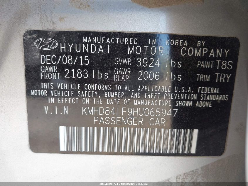 2017 Hyundai Elantra Limited VIN: KMHD84LF9HU065947 Lot: 43398774