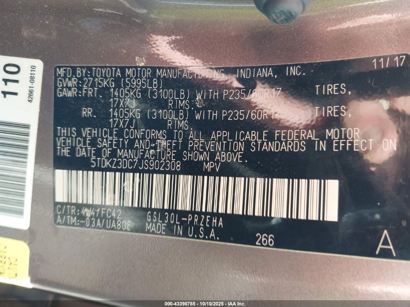 2018 Toyota Sienna Le 8 Passenger VIN: 5TDKZ3DC7JS902308 Lot: 43398785