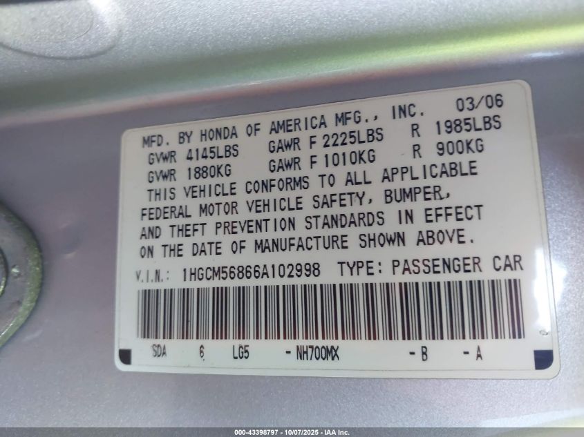 2006 Honda Accord 2.4 Ex VIN: 1HGCM56866A102998 Lot: 43398797