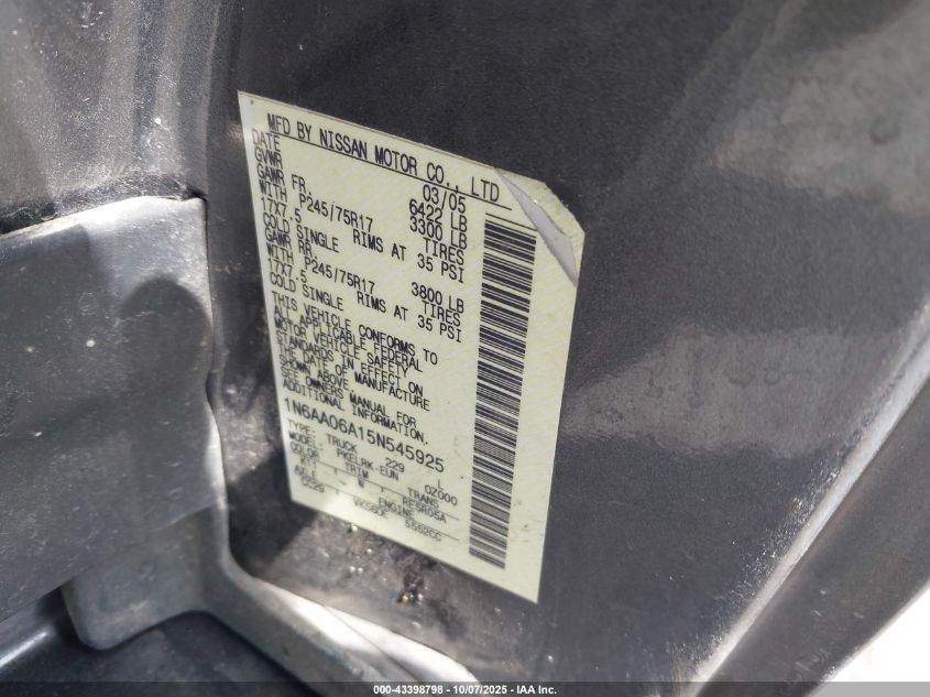2005 Nissan Titan Xe VIN: 1N6AA06A15N545925 Lot: 43398798