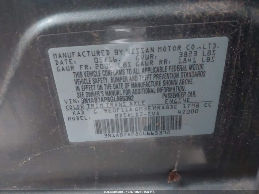 2016 Nissan Sentra Sv VIN: 3N1AB7AP8GL665392 Lot: 43398804