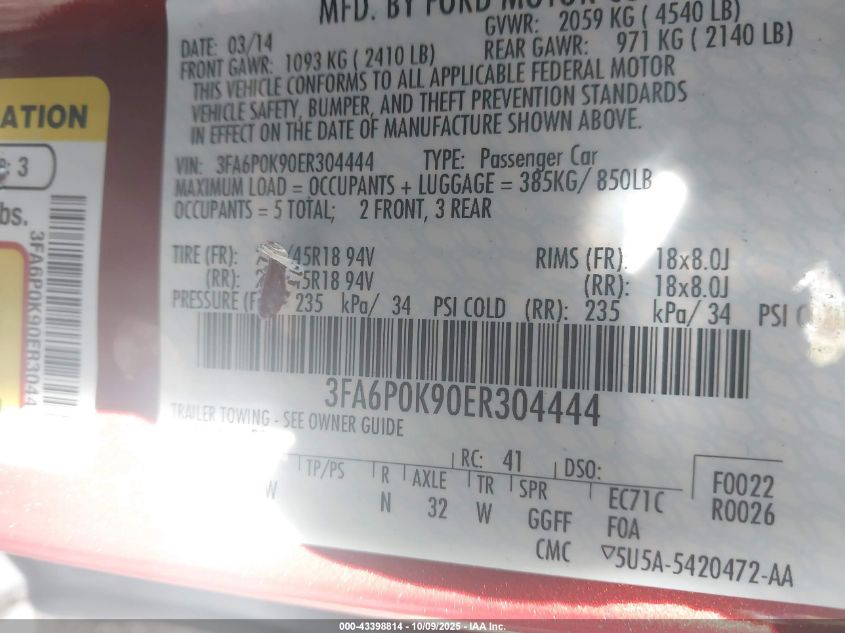 2014 Ford Fusion Titanium VIN: 3FA6P0K90ER304444 Lot: 43398814